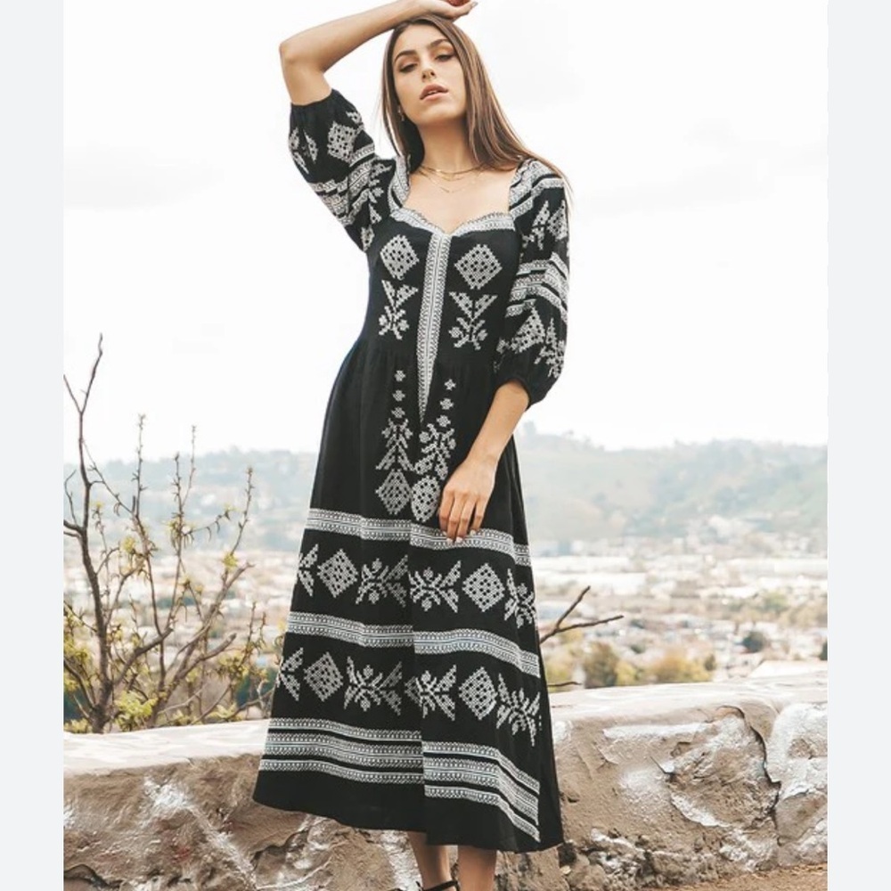 Strut & Bolt Boho Peasant Black Embroidered Linen Blend Midi Dress, Size S